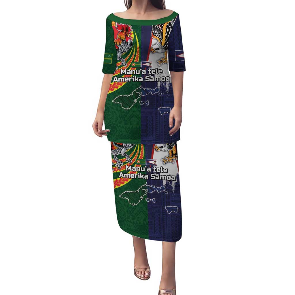 Manuʻa Islands and American Samoa Together Puletasi Rooster and Eagle Mascot National Map and Flag Style