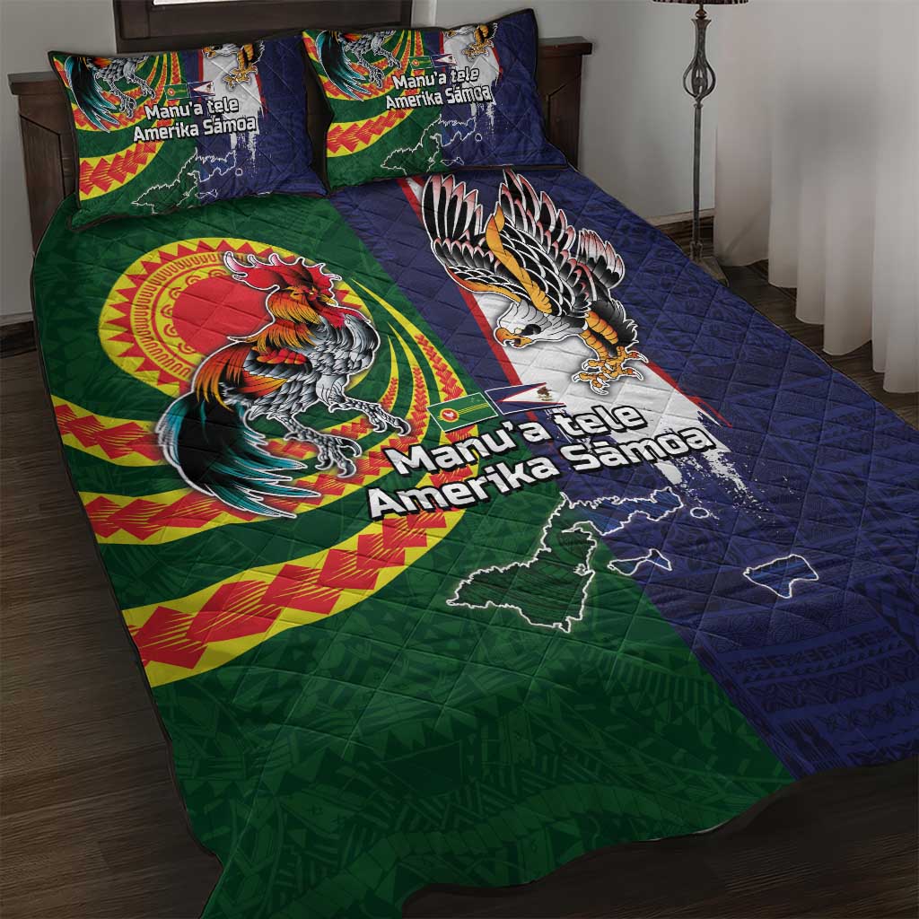 Manuʻa Islands and American Samoa Together Quilt Bed Set Rooster and Eagle Mascot National Map and Flag Style LT03 Green - Polynesian Pride