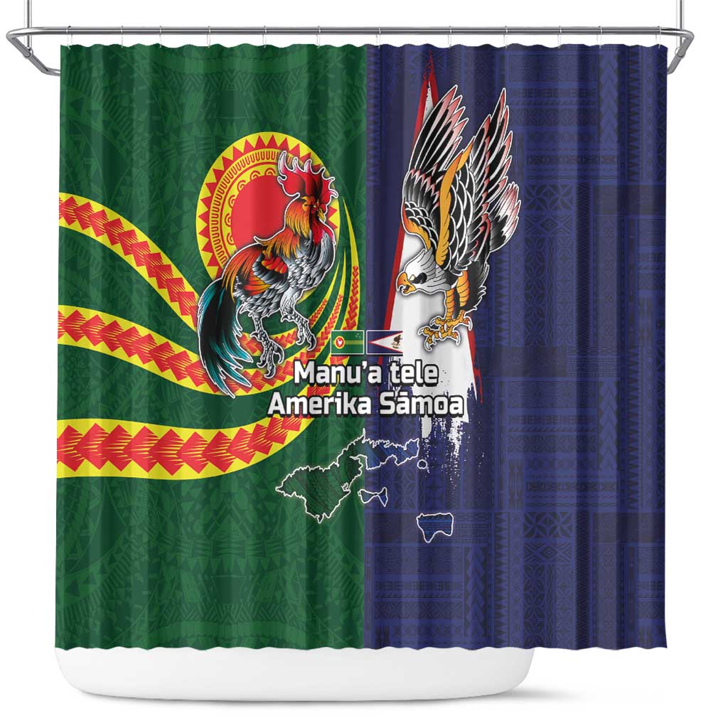 Manuʻa Islands and American Samoa Together Shower Curtain Rooster and Eagle Mascot National Map and Flag Style LT03 Green - Polynesian Pride