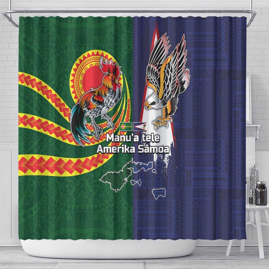 Manuʻa Islands and American Samoa Together Shower Curtain Rooster and Eagle Mascot National Map and Flag Style