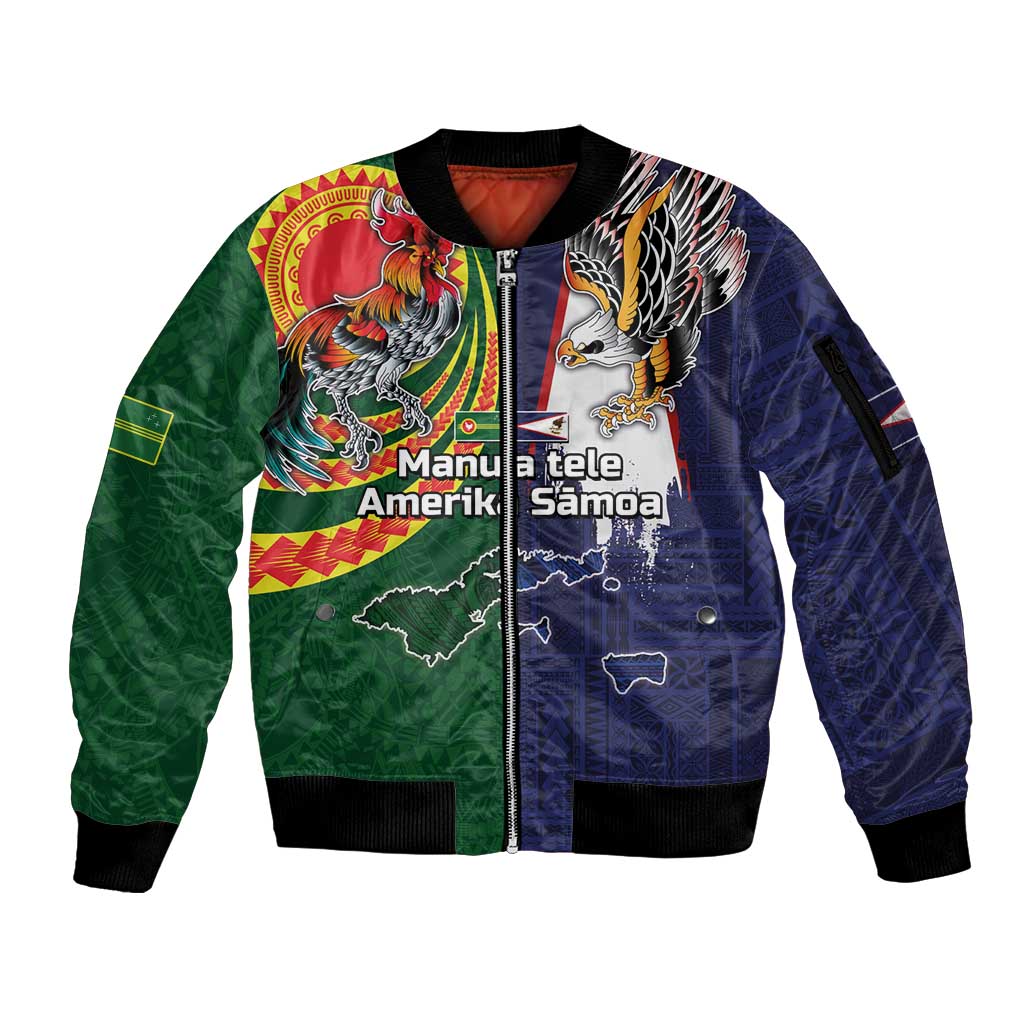 Manuʻa Islands and American Samoa Together Sleeve Zip Bomber Jacket Rooster and Eagle Mascot National Map and Flag Style LT03 Unisex Green - Polynesian Pride