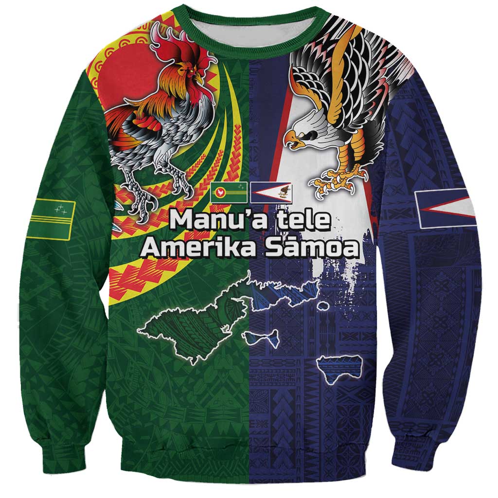 Manuʻa Islands and American Samoa Together Sweatshirt Rooster and Eagle Mascot National Map and Flag Style LT03 Unisex Green - Polynesian Pride