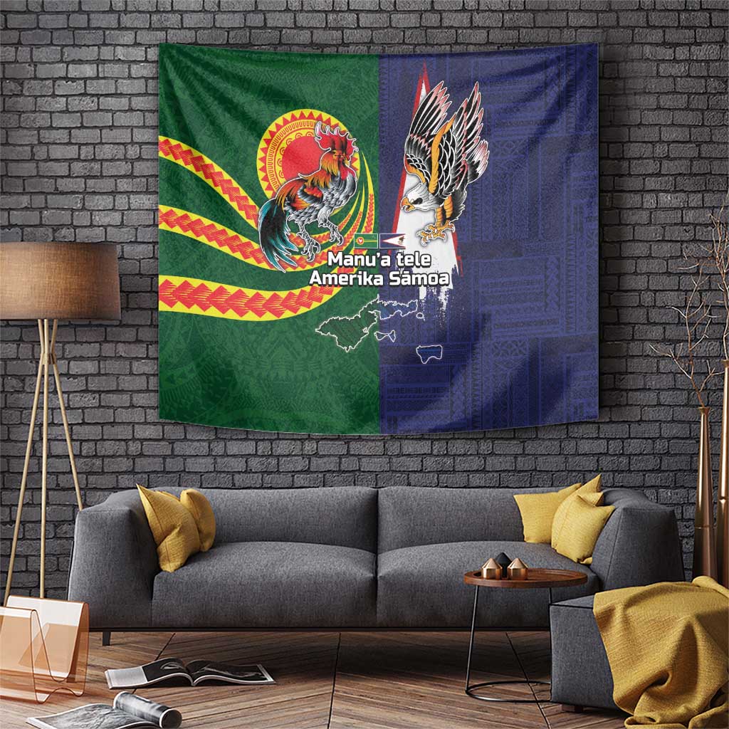 Manuʻa Islands and American Samoa Together Tapestry Rooster and Eagle Mascot National Map and Flag Style LT03 Green - Polynesian Pride