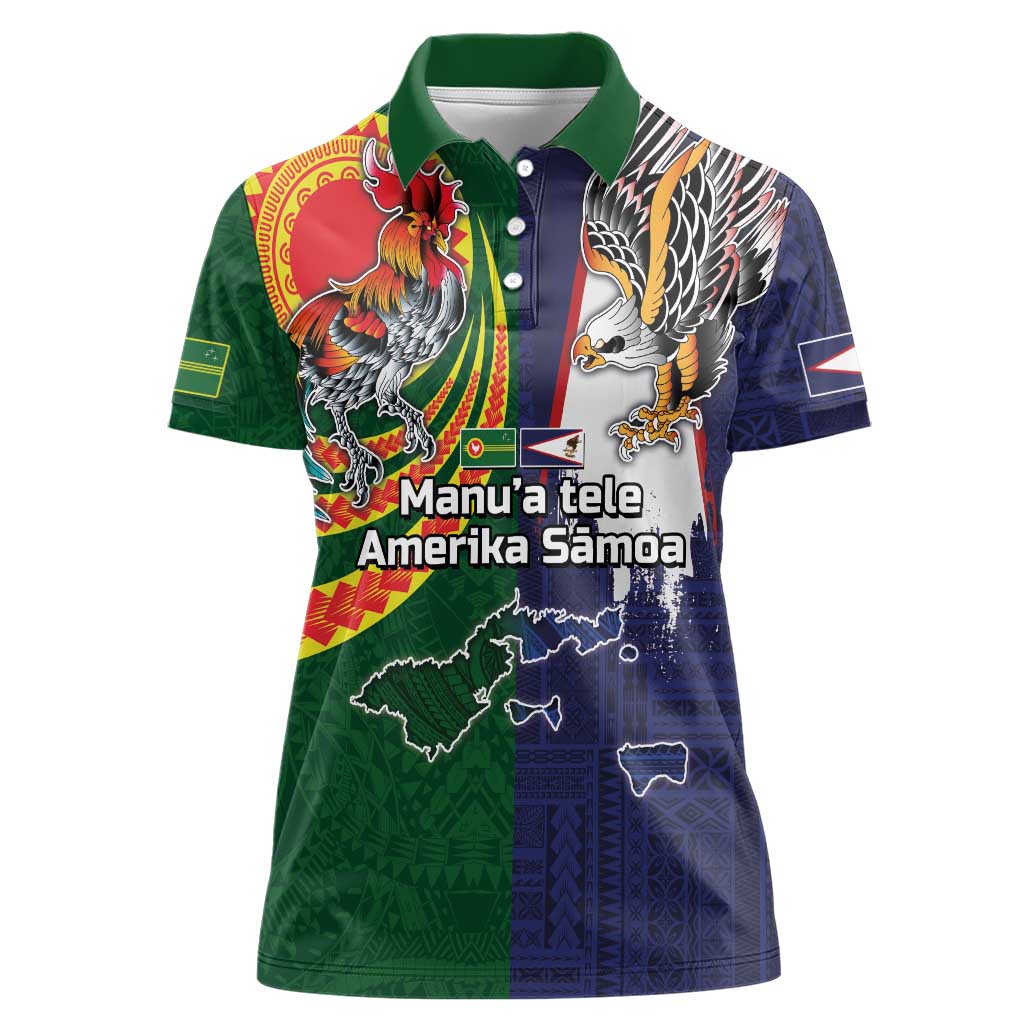 Manuʻa Islands and American Samoa Together Women Polo Shirt Rooster and Eagle Mascot National Map and Flag Style