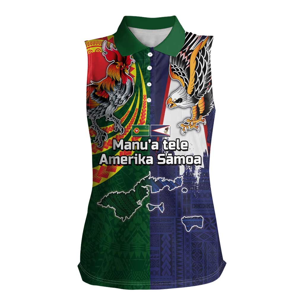 Manuʻa Islands and American Samoa Together Women Sleeveless Polo Shirt Rooster and Eagle Mascot National Map and Flag Style