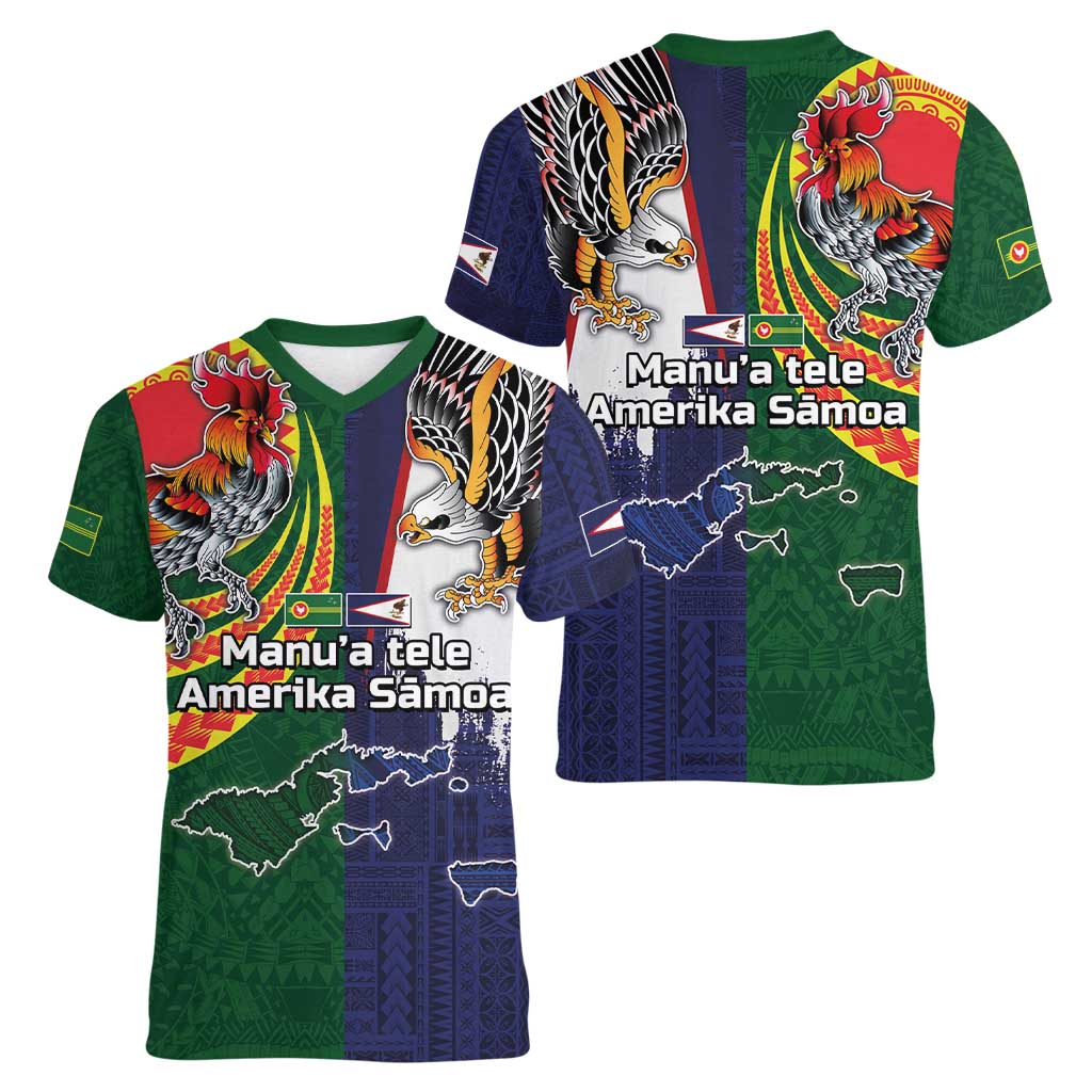 Manuʻa Islands and American Samoa Together Women V-Neck T-Shirt Rooster and Eagle Mascot National Map and Flag Style