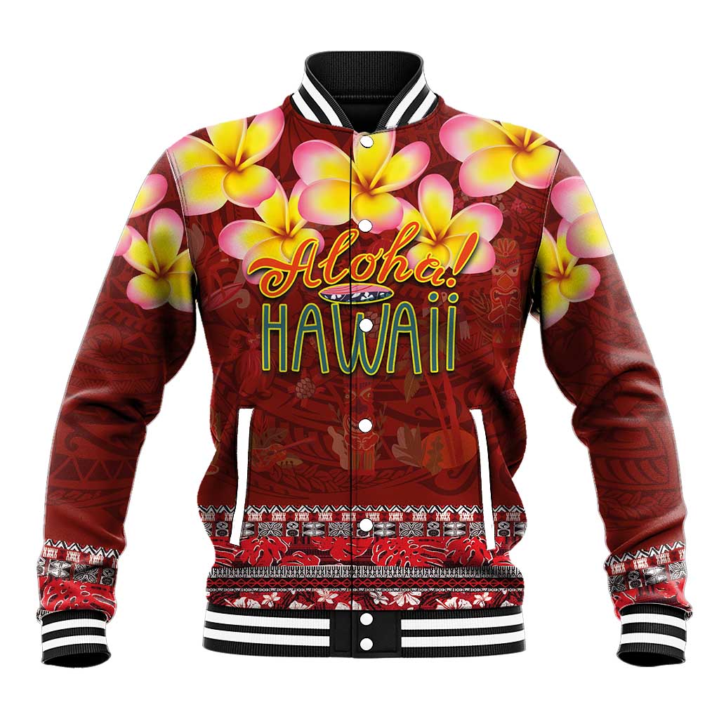 Aloha Plumeria Flowers Baseball Jacket With Hawaiian Style Tapa Tribal