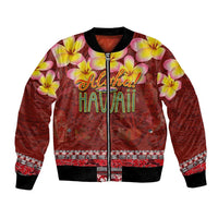 Aloha Plumeria Flowers Bomber Jacket With Hawaiian Style Tapa Tribal LT03 Unisex Red - Polynesian Pride