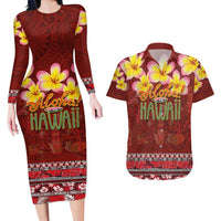 Aloha Plumeria Flowers Couples Matching Long Sleeve Bodycon Dress and Hawaiian Shirt With Hawaiian Style Tapa Tribal