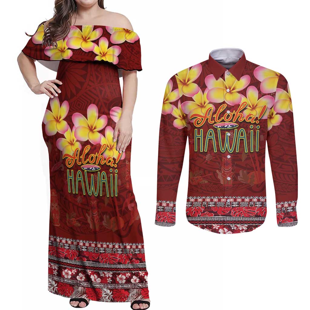 Aloha Plumeria Flowers Couples Matching Off Shoulder Maxi Dress and Long Sleeve Button Shirt With Hawaiian Style Tapa Tribal LT03 Red - Polynesian Pride
