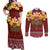 Aloha Plumeria Flowers Couples Matching Off Shoulder Maxi Dress and Long Sleeve Button Shirt With Hawaiian Style Tapa Tribal