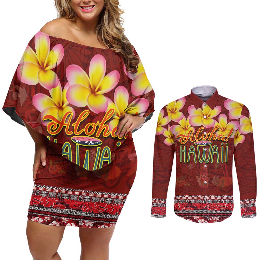 Aloha Plumeria Flowers Couples Matching Off Shoulder Short Dress and Long Sleeve Button Shirt With Hawaiian Style Tapa Tribal LT03 Red - Polynesian Pride