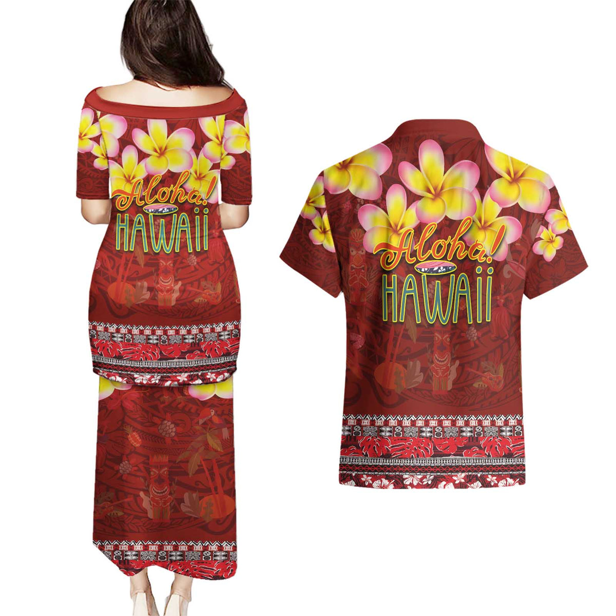 Aloha Plumeria Flowers Couples Matching Puletasi and Hawaiian Shirt With Hawaiian Style Tapa Tribal