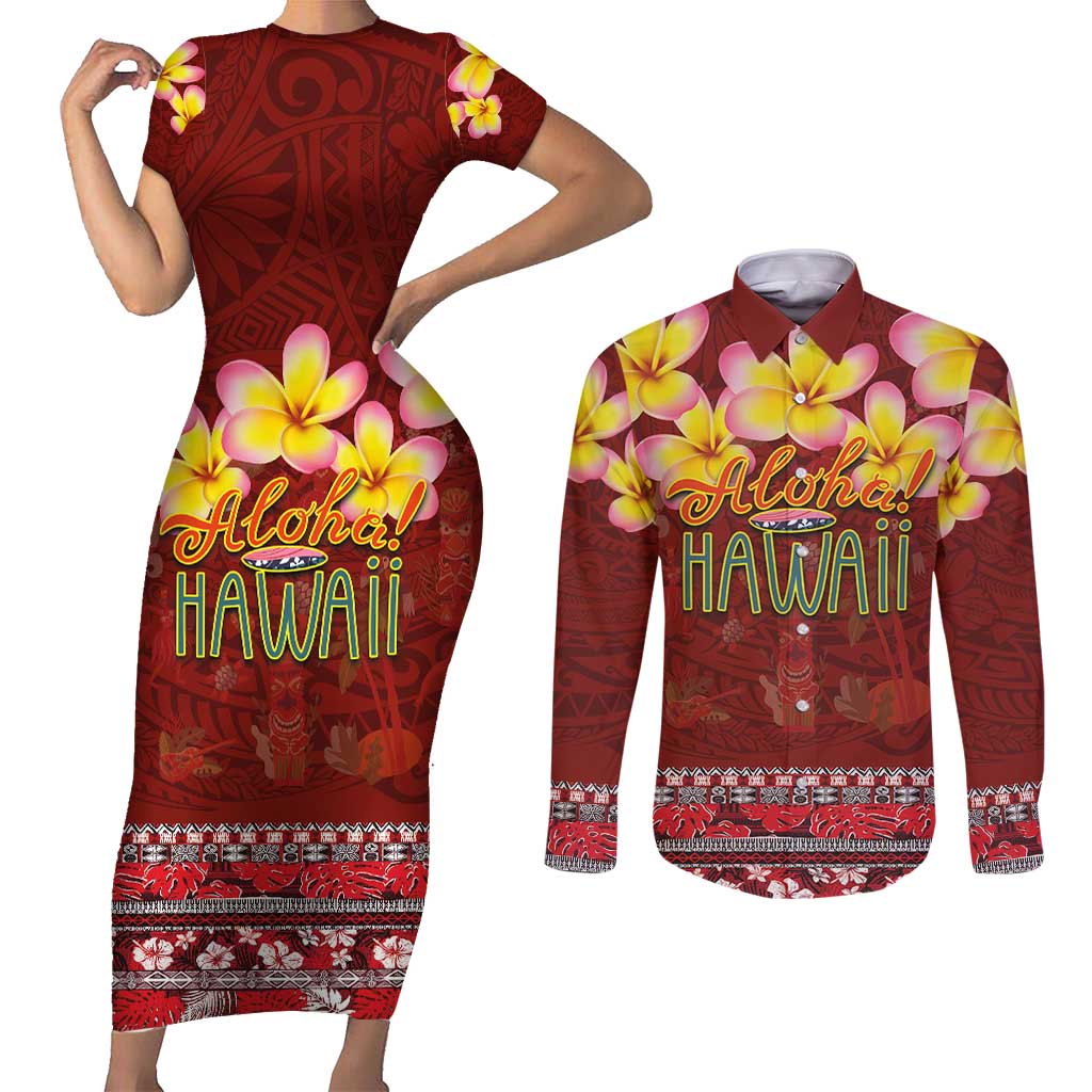 Aloha Plumeria Flowers Couples Matching Short Sleeve Bodycon Dress and Long Sleeve Button Shirt With Hawaiian Style Tapa Tribal LT03 Red - Polynesian Pride