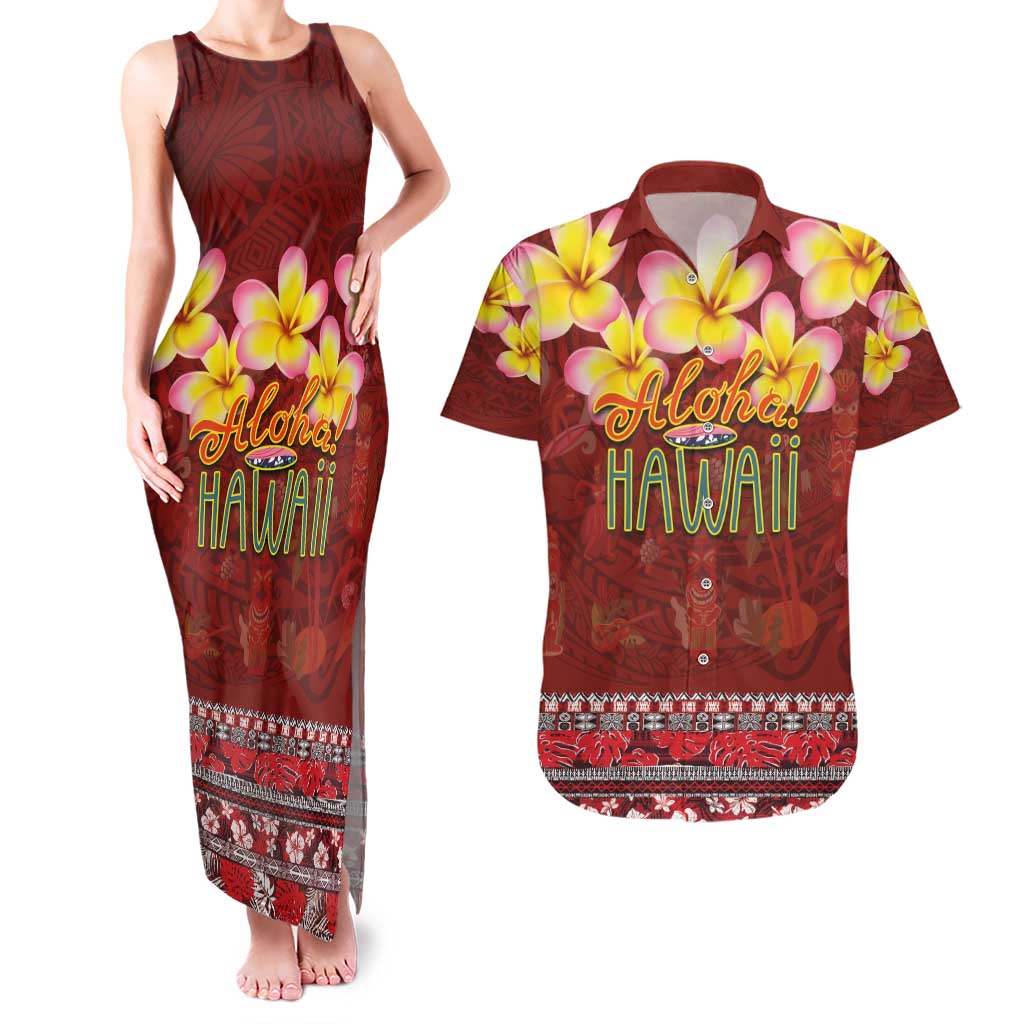 Aloha Plumeria Flowers Couples Matching Tank Maxi Dress and Hawaiian Shirt With Hawaiian Style Tapa Tribal LT03 Red - Polynesian Pride