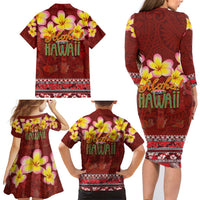 Aloha Plumeria Flowers Family Matching Long Sleeve Bodycon Dress and Hawaiian Shirt With Hawaiian Style Tapa Tribal