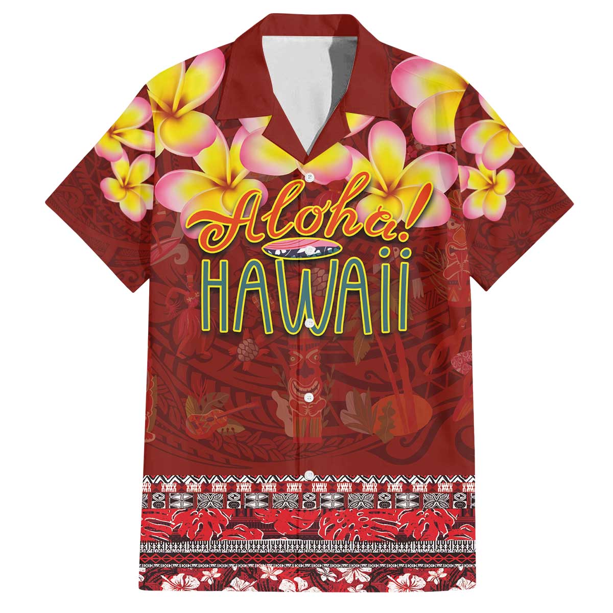 Aloha Plumeria Flowers Family Matching Off The Shoulder Long Sleeve Dress and Hawaiian Shirt With Hawaiian Style Tapa Tribal LT03 Dad's Shirt - Short Sleeve Red - Polynesian Pride