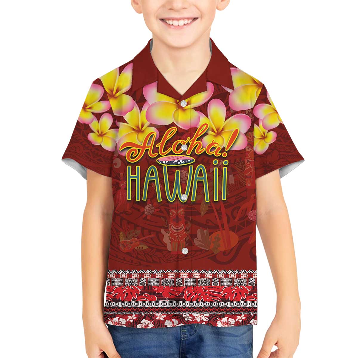 Aloha Plumeria Flowers Family Matching Off The Shoulder Long Sleeve Dress and Hawaiian Shirt With Hawaiian Style Tapa Tribal LT03 Son's Shirt Red - Polynesian Pride