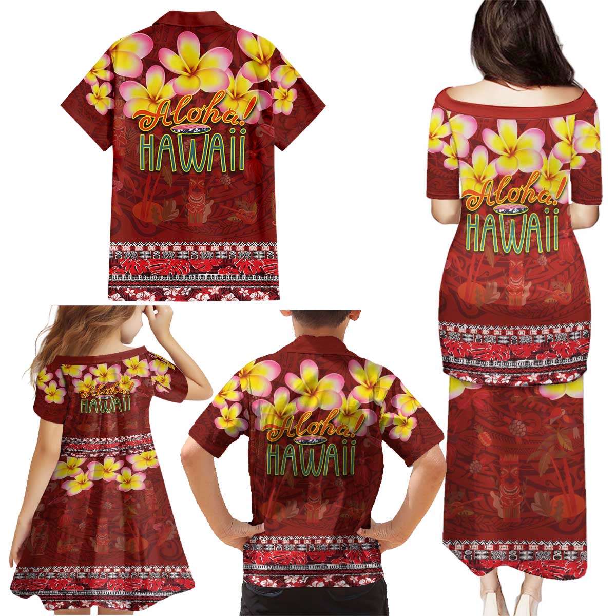 Aloha Plumeria Flowers Family Matching Puletasi and Hawaiian Shirt With Hawaiian Style Tapa Tribal