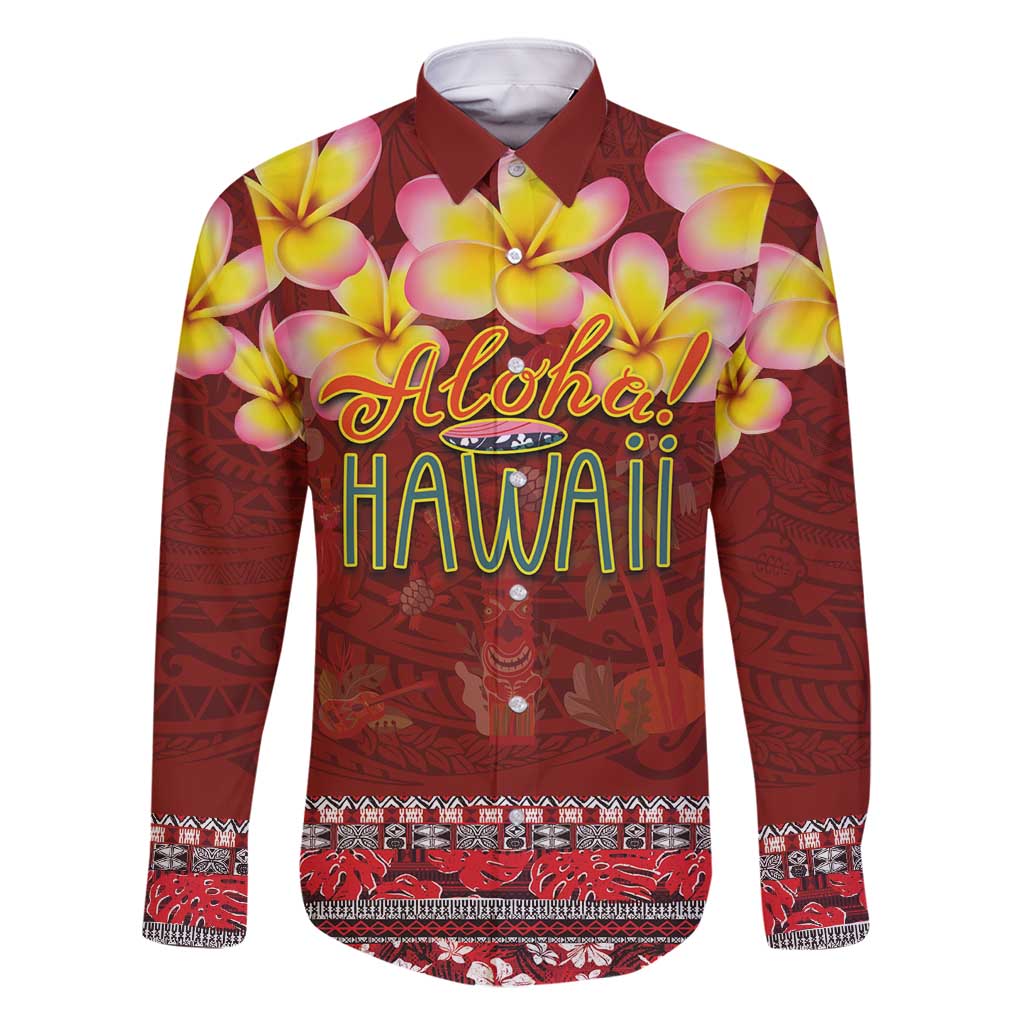 Aloha Plumeria Flowers Family Matching Tank Maxi Dress and Hawaiian Shirt With Hawaiian Style Tapa Tribal LT03 Dad's Shirt - Long Sleeve Red - Polynesian Pride