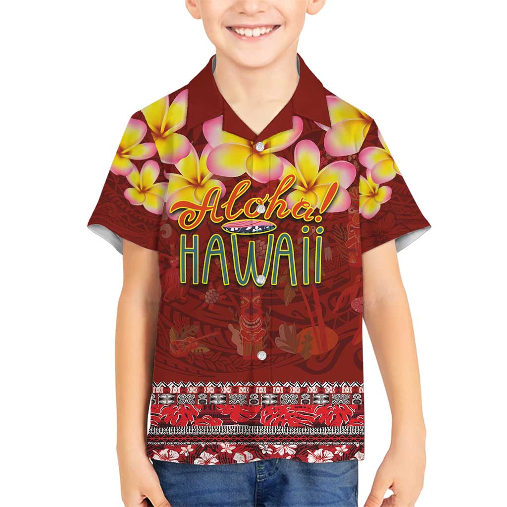 Aloha Plumeria Flowers Family Matching Tank Maxi Dress and Hawaiian Shirt With Hawaiian Style Tapa Tribal LT03 Son's Shirt Red - Polynesian Pride