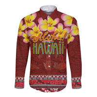 Aloha Plumeria Flowers Long Sleeve Button Shirt With Hawaiian Style Tapa Tribal LT03 Unisex Red - Polynesian Pride