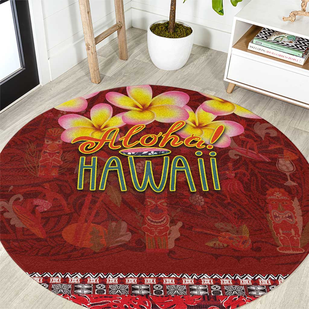 Aloha Plumeria Flowers Round Carpet With Hawaiian Style Tapa Tribal LT03 Red - Polynesian Pride