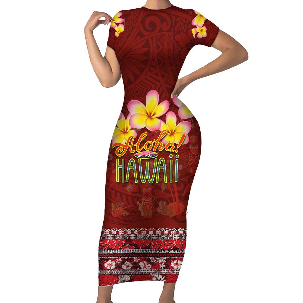 Aloha Plumeria Flowers Short Sleeve Bodycon Dress With Hawaiian Style Tapa Tribal