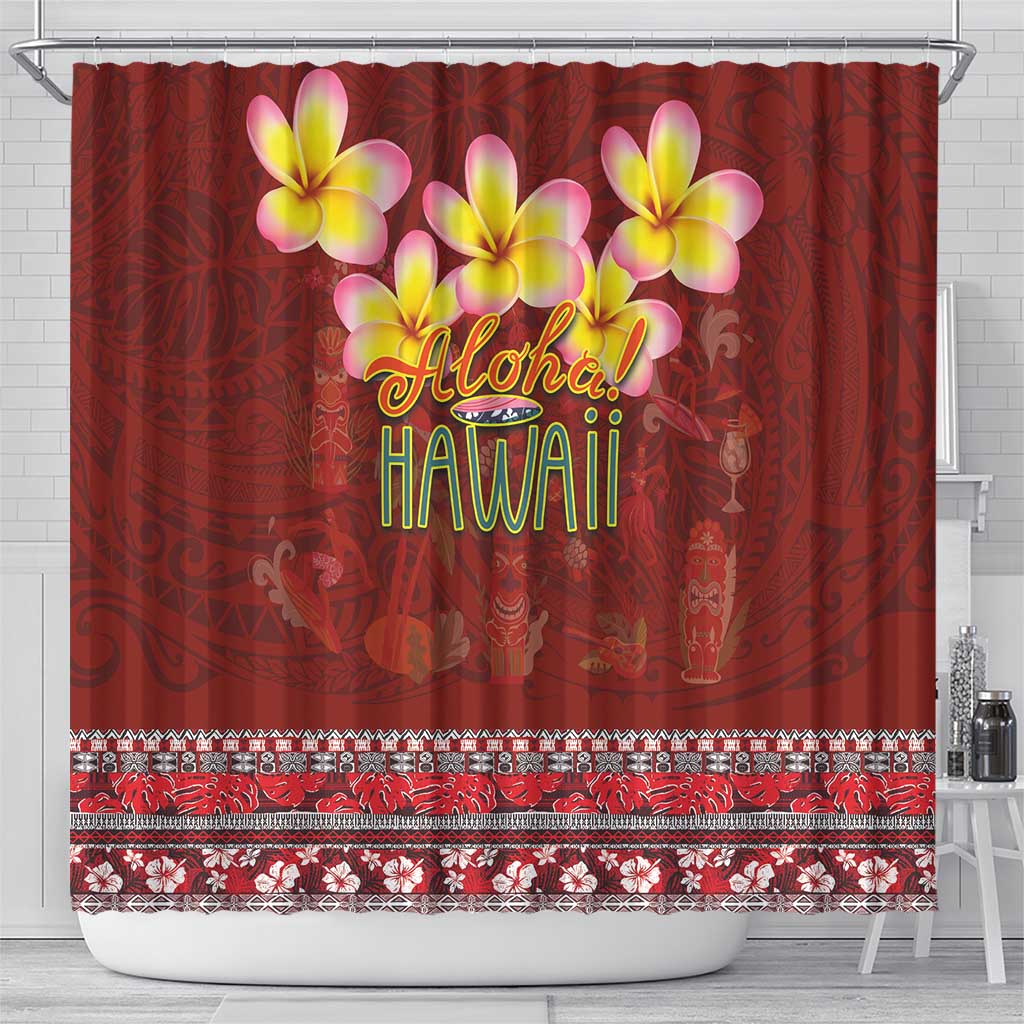 Aloha Plumeria Flowers Shower Curtain With Hawaiian Style Tapa Tribal