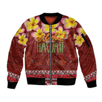 Aloha Plumeria Flowers Sleeve Zip Bomber Jacket With Hawaiian Style Tapa Tribal LT03 Unisex Red - Polynesian Pride