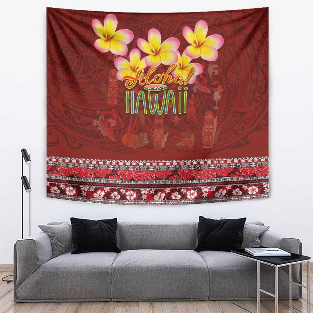 Aloha Plumeria Flowers Tapestry With Hawaiian Style Tapa Tribal LT03 Red - Polynesian Pride