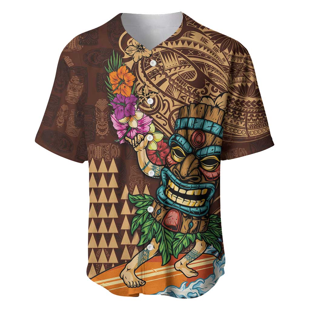 Hawaiian Tiki Mask Surfing Kakau Pattern Baseball Jersey LT03 Brown - Polynesian Pride