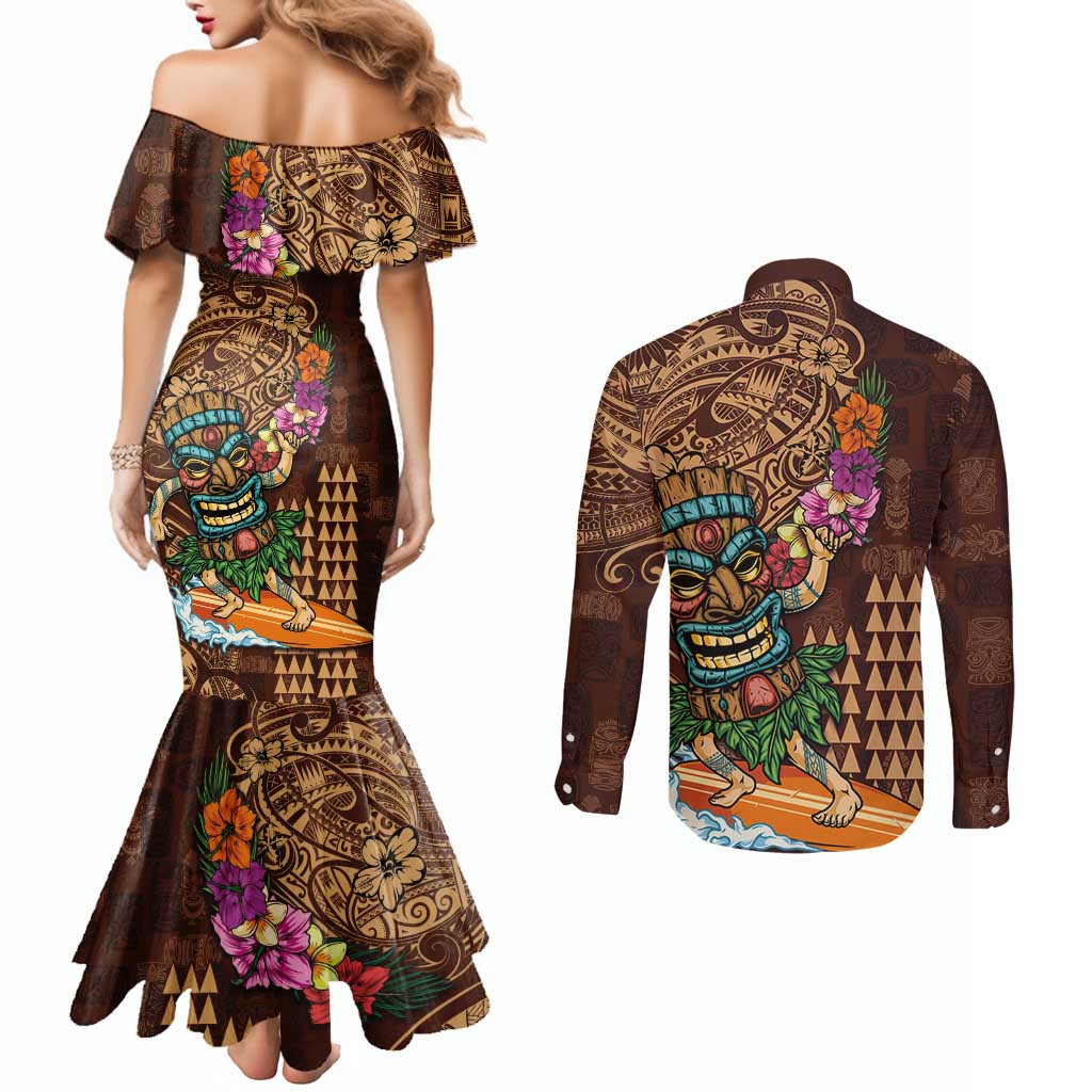 Hawaiian Tiki Mask Surfing Kakau Pattern Couples Matching Mermaid Dress and Long Sleeve Button Shirt