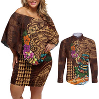 Hawaiian Tiki Mask Surfing Kakau Pattern Couples Matching Off Shoulder Short Dress and Long Sleeve Button Shirt