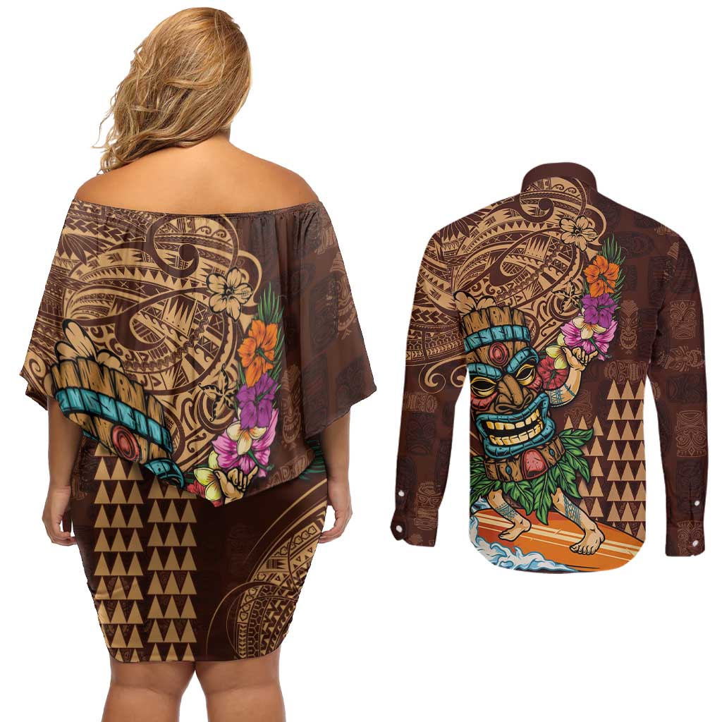 Hawaiian Tiki Mask Surfing Kakau Pattern Couples Matching Off Shoulder Short Dress and Long Sleeve Button Shirt
