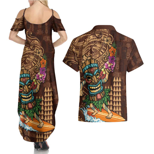 Personalised Maui Island Couples Matching Off Shoulder Maxi Dress and Hawaiian Shirt Kakau Tribal Mixed Polynesian Pattern Gold LT9