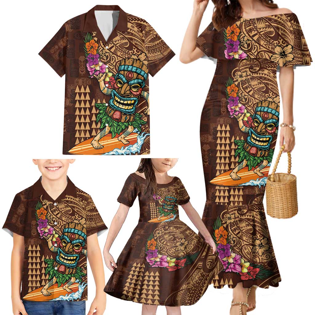 Hawaiian Tiki Mask Surfing Kakau Pattern Family Matching Mermaid Dress and Hawaiian Shirt