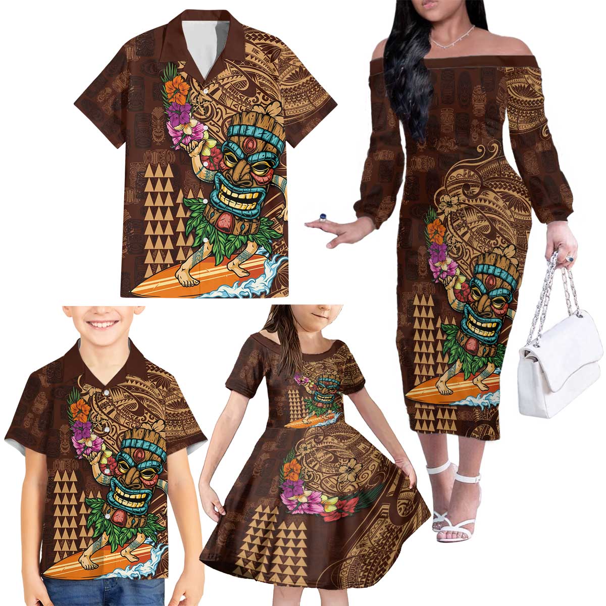 Hawaiian Tiki Mask Surfing Kakau Pattern Family Matching Off The Shoulder Long Sleeve Dress and Hawaiian Shirt LT03 - Polynesian Pride