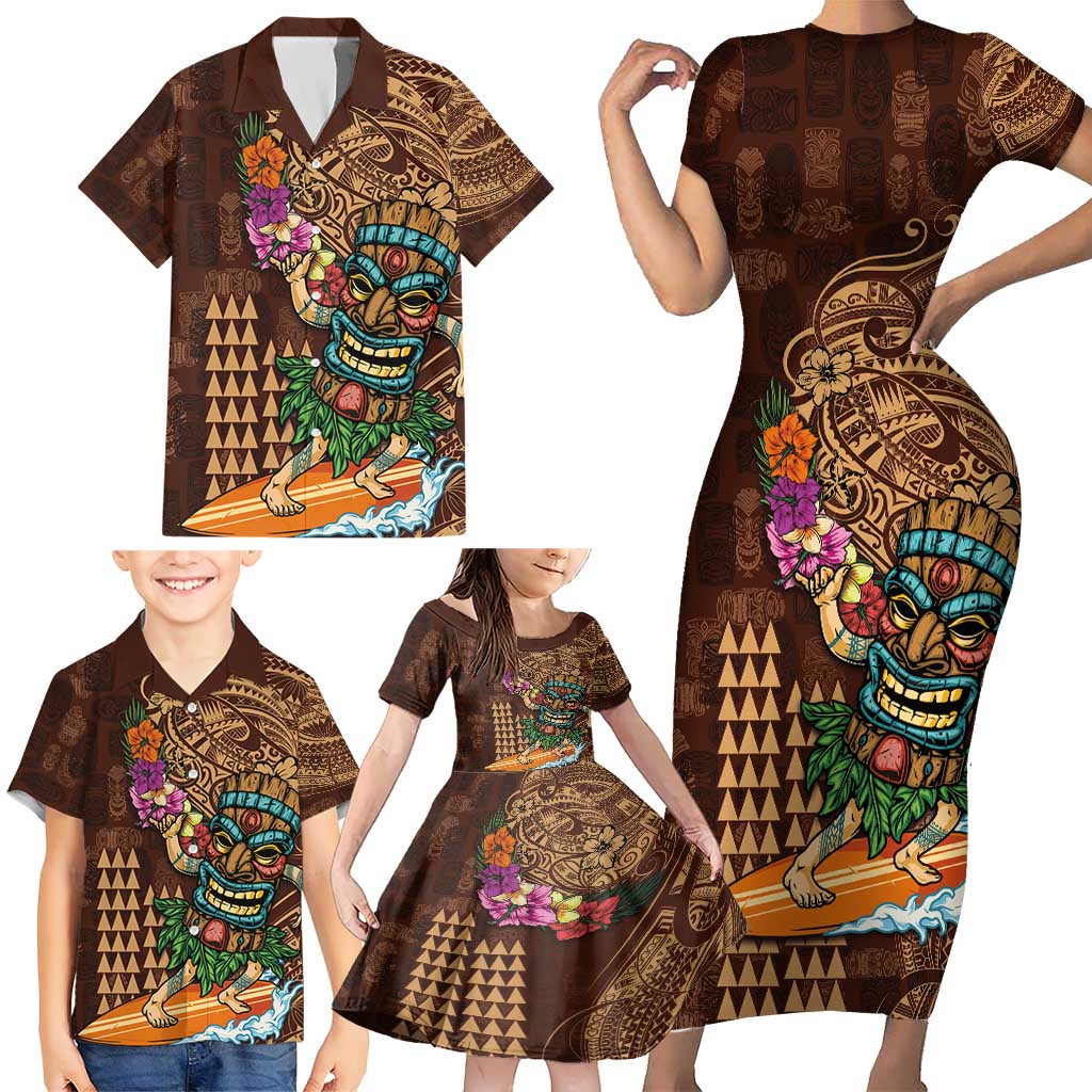Hawaiian Tiki Mask Surfing Kakau Pattern Family Matching Short Sleeve Bodycon Dress and Hawaiian Shirt LT03 - Polynesian Pride