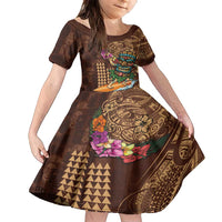 Hawaiian Tiki Mask Surfing Kakau Pattern Family Matching Summer Maxi Dress and Hawaiian Shirt LT03 Daughter's Dress Brown - Polynesian Pride