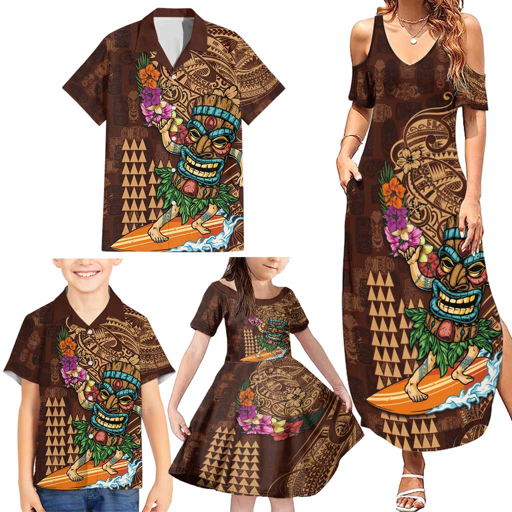 Hawaiian Tiki Mask Surfing Kakau Pattern Family Matching Summer Maxi Dress and Hawaiian Shirt LT03 - Polynesian Pride