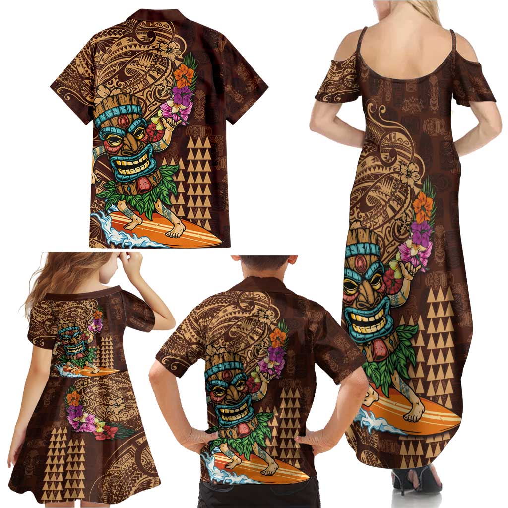 Hawaiian Tiki Mask Surfing Kakau Pattern Family Matching Summer Maxi Dress and Hawaiian Shirt LT03 - Polynesian Pride