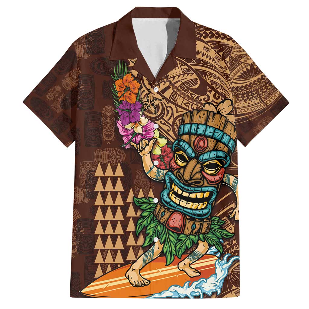 Hawaiian Tiki Mask Surfing Kakau Pattern Family Matching Summer Maxi Dress and Hawaiian Shirt LT03 Dad's Shirt - Short Sleeve Brown - Polynesian Pride