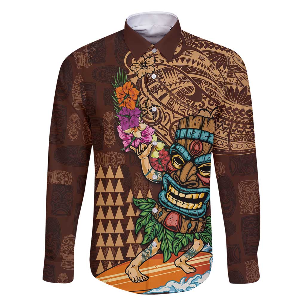 Hawaiian Tiki Mask Surfing Kakau Pattern Family Matching Summer Maxi Dress and Hawaiian Shirt LT03 Dad's Shirt - Long Sleeve Brown - Polynesian Pride