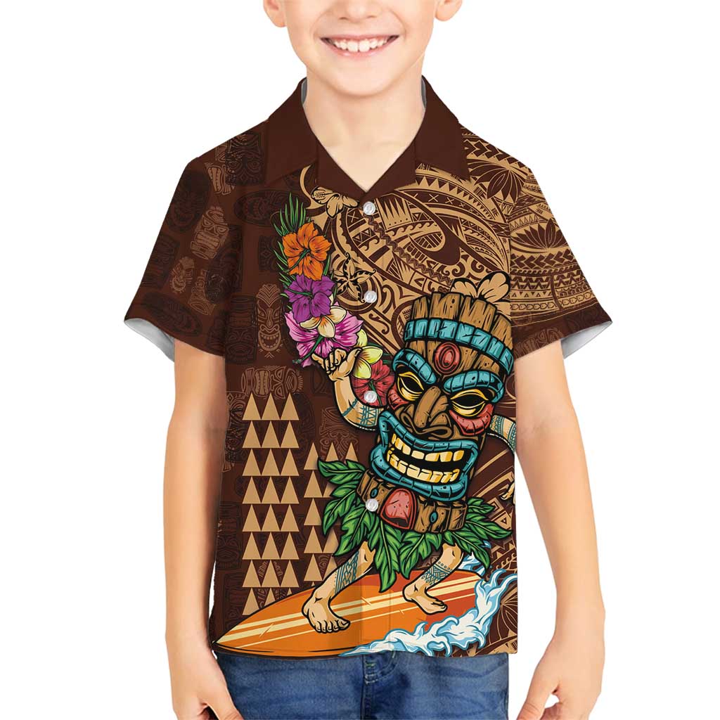 Hawaiian Tiki Mask Surfing Kakau Pattern Family Matching Summer Maxi Dress and Hawaiian Shirt LT03 Son's Shirt Brown - Polynesian Pride