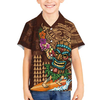 Hawaiian Tiki Mask Surfing Kakau Pattern Family Matching Summer Maxi Dress and Hawaiian Shirt LT03 Son's Shirt Brown - Polynesian Pride