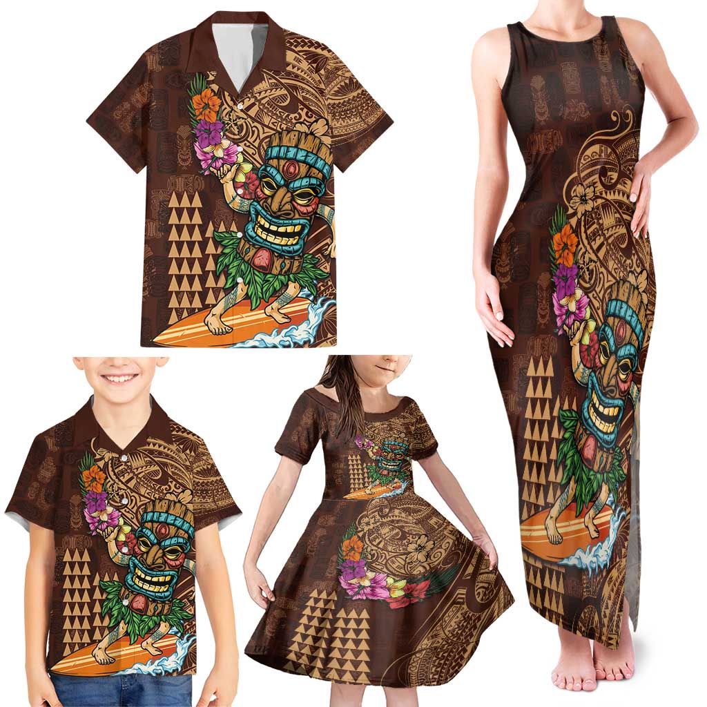 Hawaiian Tiki Mask Surfing Kakau Pattern Family Matching Tank Maxi Dress and Hawaiian Shirt LT03 - Polynesian Pride
