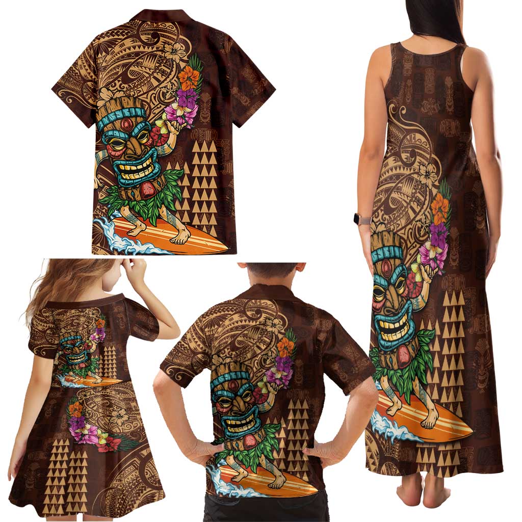 Hawaiian Tiki Mask Surfing Kakau Pattern Family Matching Tank Maxi Dress and Hawaiian Shirt LT03 - Polynesian Pride