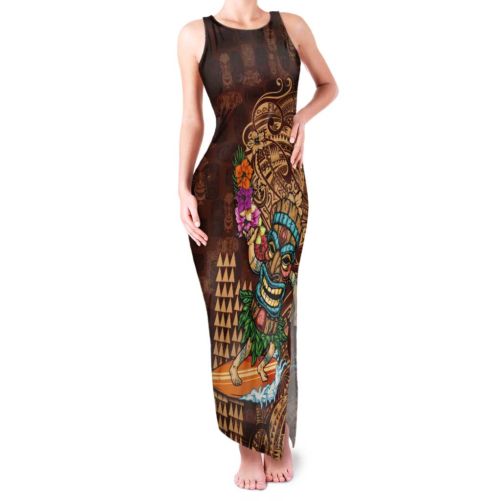 Hawaiian Tiki Mask Surfing Kakau Pattern Family Matching Tank Maxi Dress and Hawaiian Shirt LT03 Mom's Dress Brown - Polynesian Pride