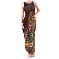 Hawaiian Tiki Mask Surfing Kakau Pattern Family Matching Tank Maxi Dress and Hawaiian Shirt LT03 Mom's Dress Brown - Polynesian Pride